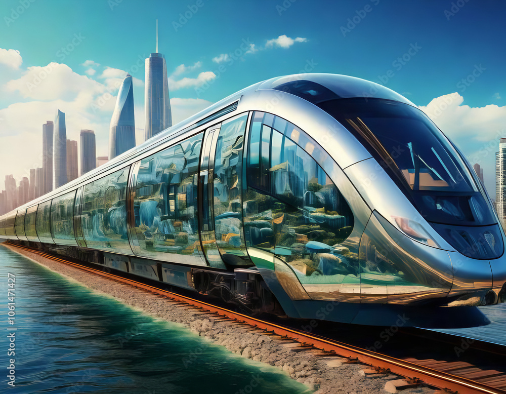 Fototapeta premium An Imaginative Conceptual Artwork Depicting a Futuristic Sea Cityscape, Dominated by a Large, Sleek Structure Rising from the Water, Surrounded by Innovative Floating Buildings, Lush Greenery.