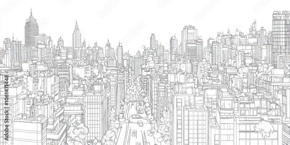 Monochrome cityscape with detailed skyline and streets Monochrome cityscape with detailed skyline and streets