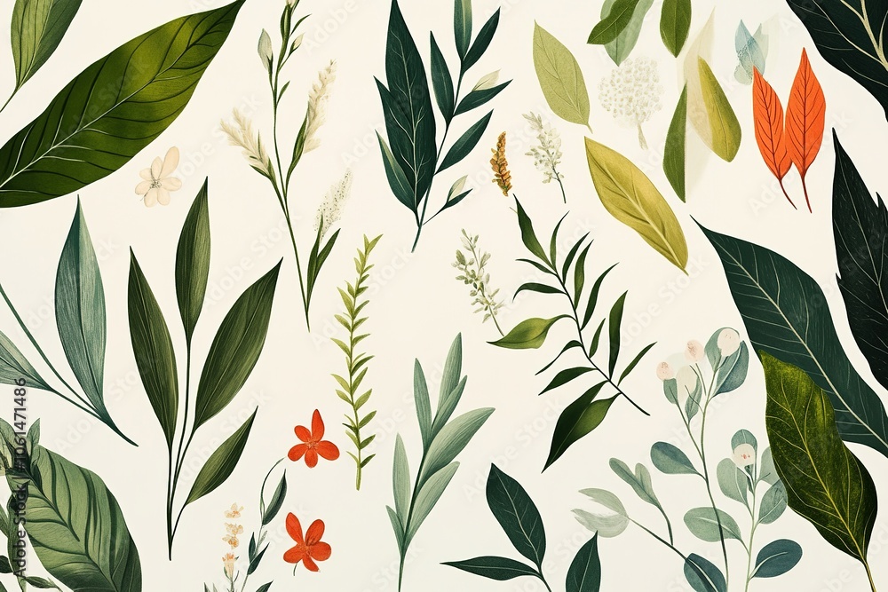 Elegant floral pattern with diverse greenery on beige Elegant floral pattern with diverse greenery on beige