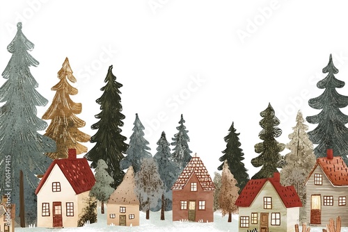 Winter village scene with snowy trees and cozy houses