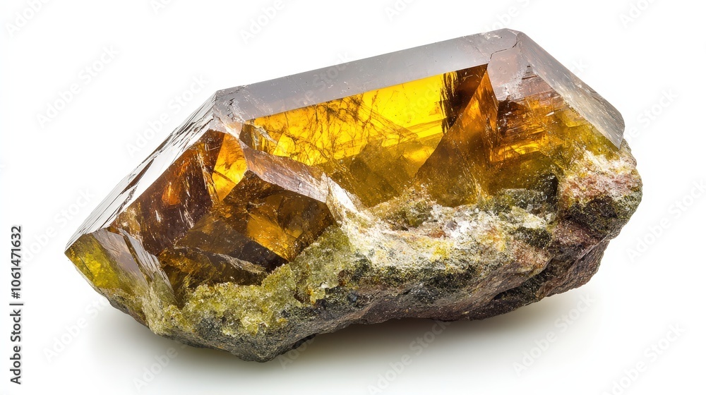 Shiny brown gemstone reflecting light with natural mineral crystals Shiny brown gemstone reflecting light with natural mineral crystals