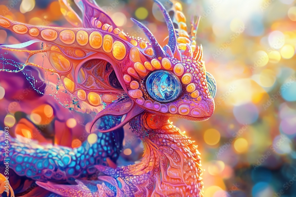 Obraz premium Colorful dragon with intricate scales and hypnotic eye.