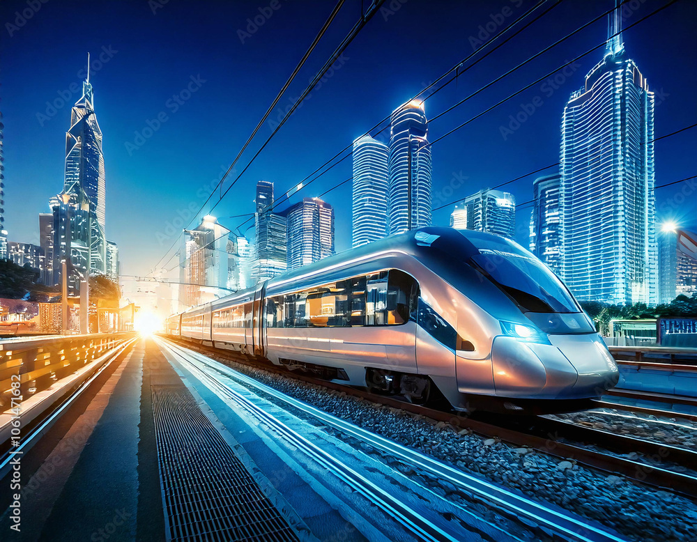 Illuminated Odyssey A Futuristic Train Gliding Through a Vibrant Cityscape at Night, Surrounded by Glowing Skyscrapers and Colorful Lights, Capturing the Essence of Advanced Urban Transportation. Illuminated Odyssey A Futuristic Train Gliding Through a Vibrant Cityscape at Night, Surrounded by Glowing Skyscrapers and Colorful Lights, Capturing the Essence of Advanced Urban Transportation.