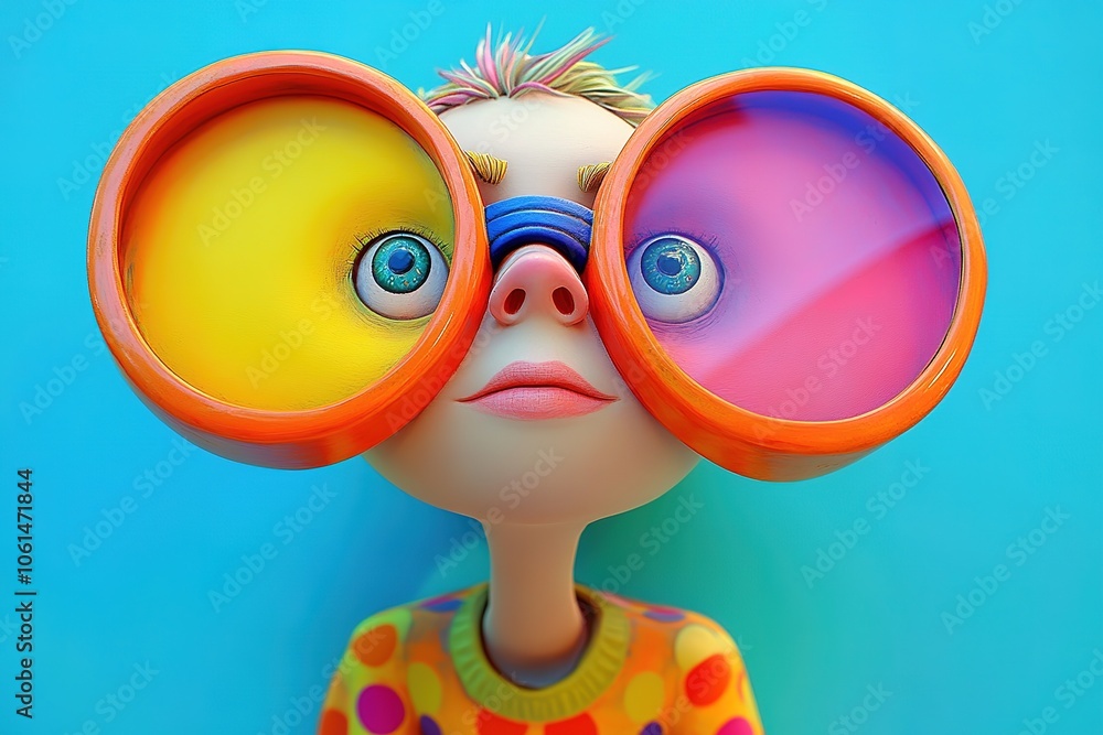 Fototapeta premium Child with oversized colorful glasses on blue.