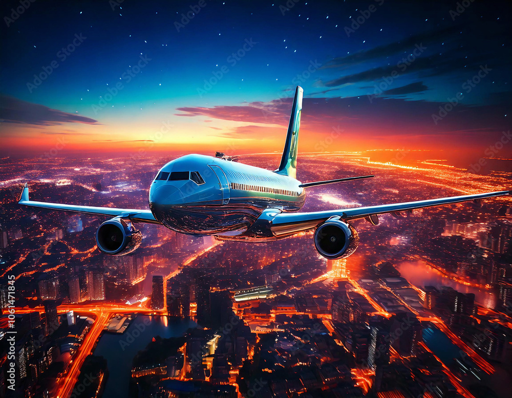 Futuristic Journey Side View of an Airplane Gliding Through the Sky, Set Against a Vibrant Skyscape of Neon Yellow, Red, and Teal Lights from a High-Tech City Below, Blending Travel with Modern Urban Futuristic Journey Side View of an Airplane Gliding Through the Sky, Set Against a Vibrant Skyscape of Neon Yellow, Red, and Teal Lights from a High-Tech City Below, Blending Travel with Modern Urban