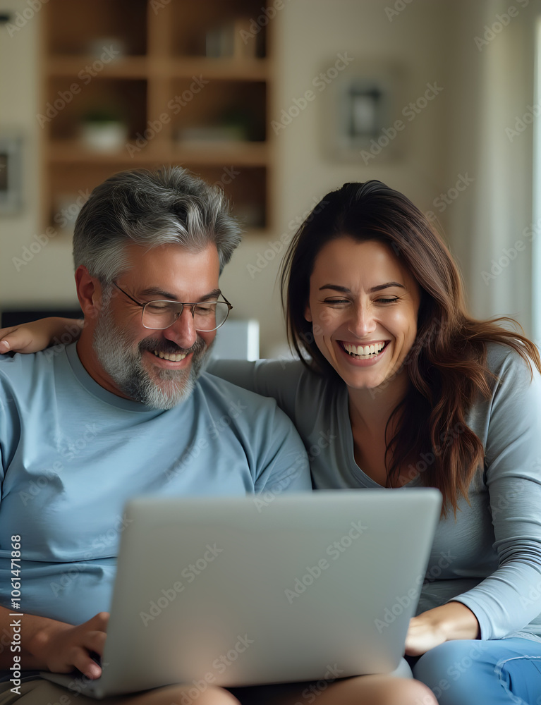 Husband and wife laugh and enjoy leisure together at home while surfing the internet with laptops Husband and wife laugh and enjoy leisure together at home while surfing the internet with laptops