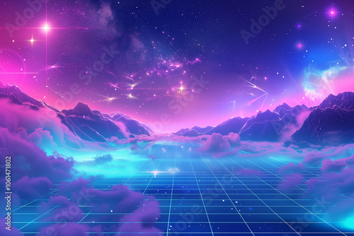 Synthwave vaporwave retrowave cyber background with copy space, laser grid, starry sky, blue and purple glows with smoke and particles. Design for poster, cover, wallpaper, web, banner, etc


