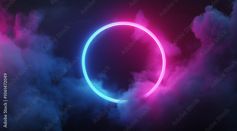 3D render of a neon circle on a black background with smoke and fog. The pink and blue light ring is glowing with a dark abstract cloud in the sky. The glowing ring is set against a dark background. 3D render of a neon circle on a black background with smoke and fog. The pink and blue light ring is glowing with a dark abstract cloud in the sky. The glowing ring is set against a dark background.
