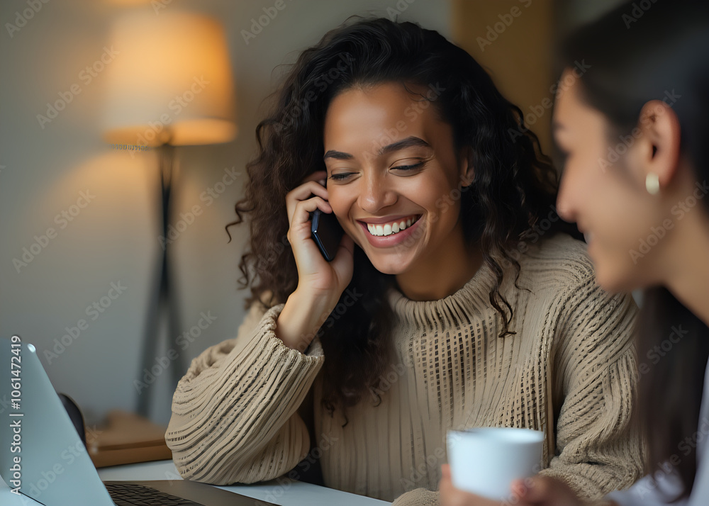 Discussing personal and work topics by phone with loved ones about weekend plans and good news Discussing personal and work topics by phone with loved ones about weekend plans and good news