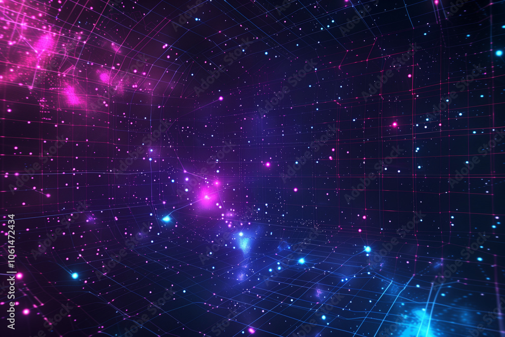 Synthwave wireframe net illustration with smoke or fog. Abstract digital background. 80s, 90s Retro futurism, Retro wave cyber grid. Deep space surfaces. Neon lights glowing. Starry background. Vector