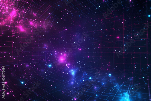 Obraz na płótnie Synthwave wireframe net illustration with smoke or fog. Abstract digital background. 80s, 90s Retro futurism, Retro wave cyber grid. Deep space surfaces. Neon lights glowing. Starry background. Vector w salonie