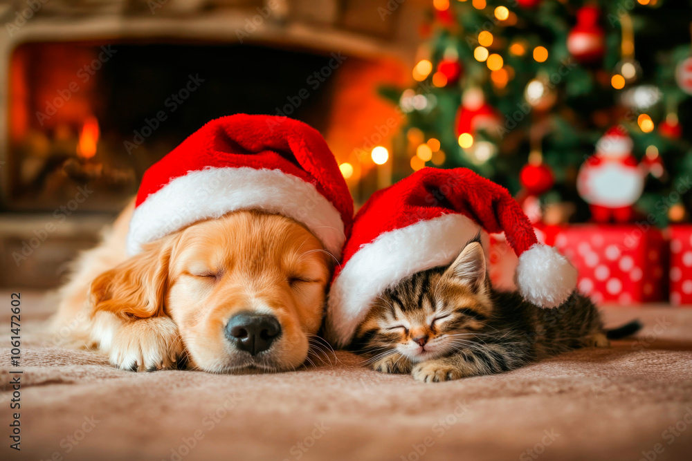Merry Christmas and New Year concept, Golden retriever puppy and kitten in Santa Claus hats lie next to each other in the room against the background of the fireplace and Christmas tree Merry Christmas and New Year concept, Golden retriever puppy and kitten in Santa Claus hats lie next to each other in the room against the background of the fireplace and Christmas tree