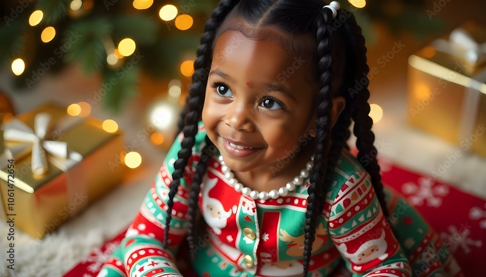 Fototapeta premium Christmas morning, little black african american girl surrounded by wrapped gifts, presents and christmas decorations looking amazed