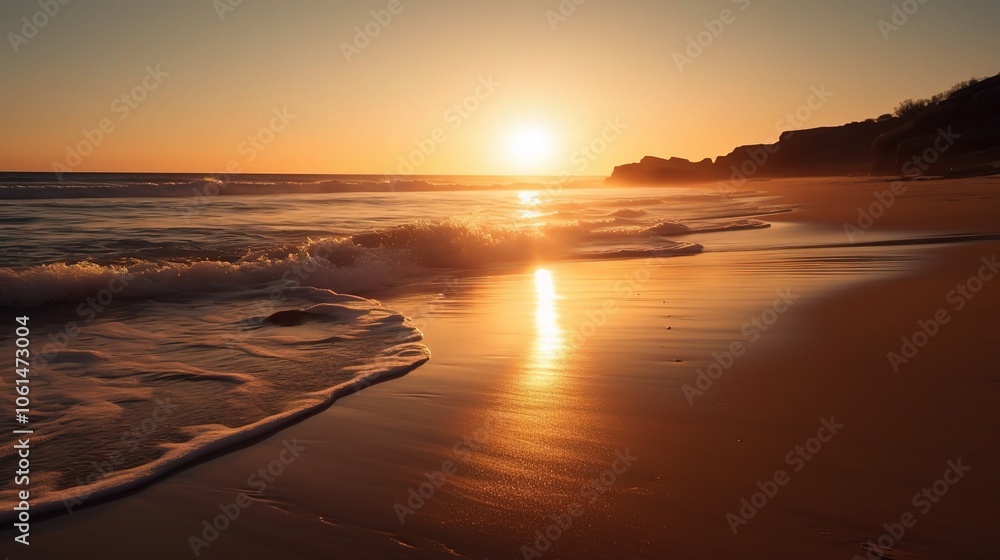 Fototapeta premium Serene Sunset Over Tranquil Beach Scene