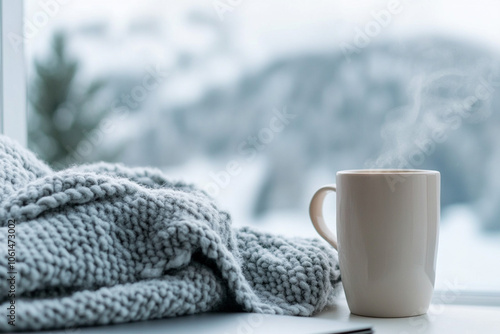 Wallpaper Mural A serene meditation space in a cozy home, with a cup of herbal coffee, soft cushions, and a view of a snowy landscape through large windows. Torontodigital.ca