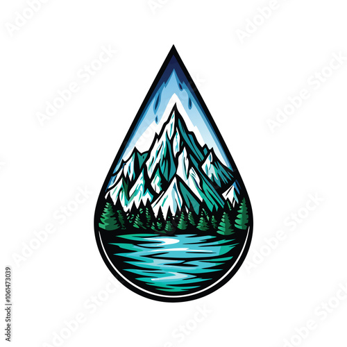 A stylized water droplet, transparent and filled with a detailed, miniature mountain landscape.