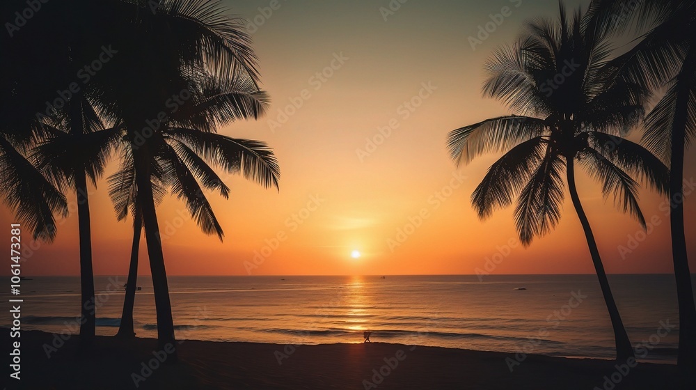 Serene Sunset at Beach with Silhouetted Palms Serene Sunset at Beach with Silhouetted Palms