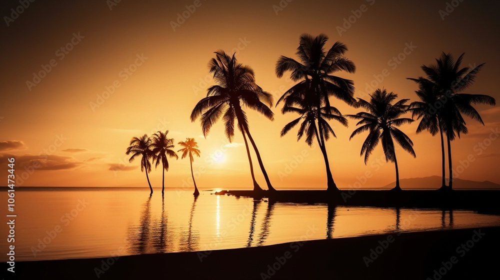 Silhouetted Palm Trees at Sunset on a Serene Beach Silhouetted Palm Trees at Sunset on a Serene Beach