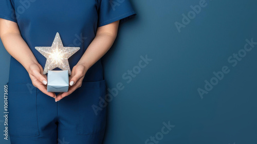 A person in scrubs holds a decorative star trophy against a blue wall, symbolizing achievement and recognition in a professional setting.