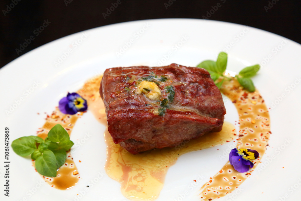 Steak on a white plate. The perfect beef steak. Medium rare steak, beautifully served on a white plate. Steak on a white plate. The perfect beef steak. Medium rare steak, beautifully served on a white plate.