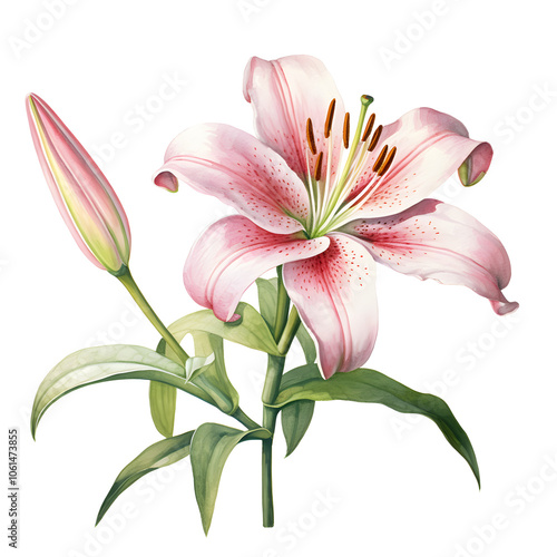 Elegant Lily Flower Watercolor on Transparent Background, Delicate Lily Watercolor Illustration - Perfect for Floral Designs PNG, Lily Watercolor Art with Transparent Background isolated.