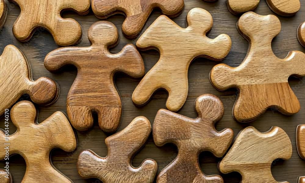 A collection of wooden puzzle pieces shaped like human figures, symbolizing unity and connection. A collection of wooden puzzle pieces shaped like human figures, symbolizing unity and connection.