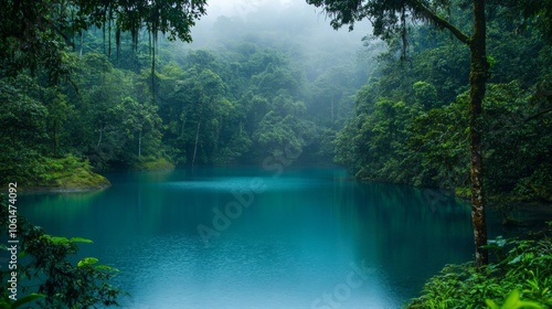 Tranquil Lake Surrounded by Dense Forest, Nature's Peaceful Retreat