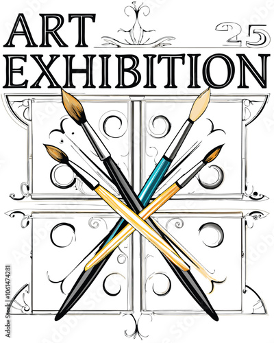 Design a classic art exhibit poster with paintbrushes as the central motif.  The poster should have a vintage aesthetic and evoke a sense of creativity and artistic expression.