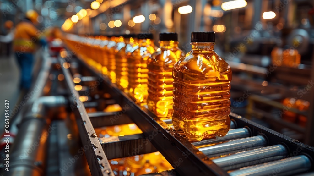 Bottles filled with golden oil are steadily moving along a conveyor belt in a bustling factory environment Bottles filled with golden oil are steadily moving along a conveyor belt in a bustling factory environment