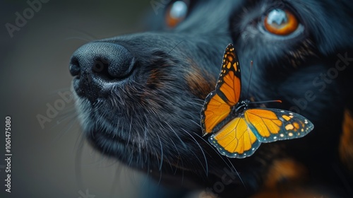 A black dog watches intently as a vibrant orange butterfly lands on its nose in a serene outdoor setting photo