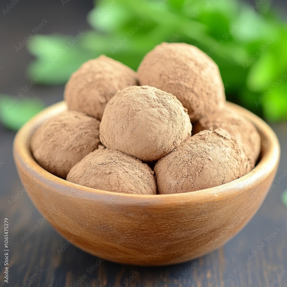 A bowl of homemade chocolate truffles dusted with cocoa powder. A bowl of homemade chocolate truffles dusted with cocoa powder.
