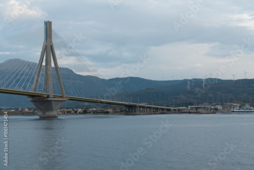 View of the bridge over the Gulf of Corinth Charilaos Trikoupis. It connects Rio city on the Peloponnese with Antirrio city on mainland Greece. It is 2,880 meters long. Europe. photo