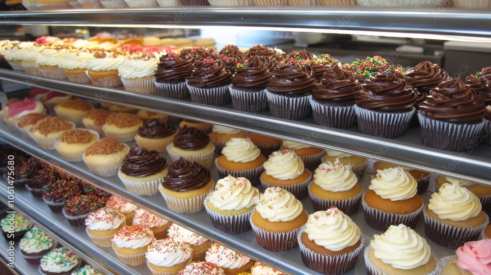 Variety of Gourmet Cupcakes Displayed in Bakery, Sweet Treats Variety of Gourmet Cupcakes Displayed in Bakery, Sweet Treats