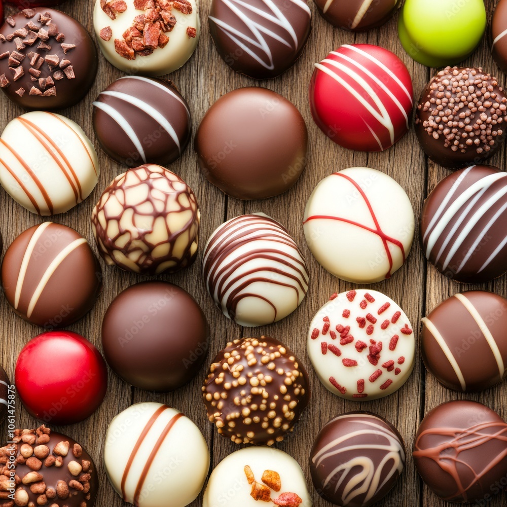 An assortment of delicious chocolate truffles with various toppings on a wooden surface. An assortment of delicious chocolate truffles with various toppings on a wooden surface.