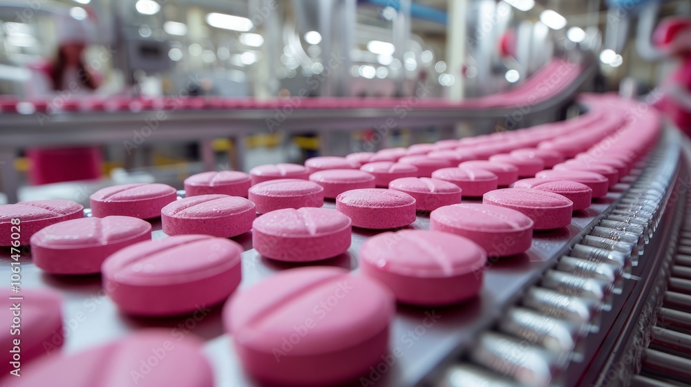 Bright pink pills travel down a conveyor belt in a busy pharmaceutical manufacturing plant during production Bright pink pills travel down a conveyor belt in a busy pharmaceutical manufacturing plant during production