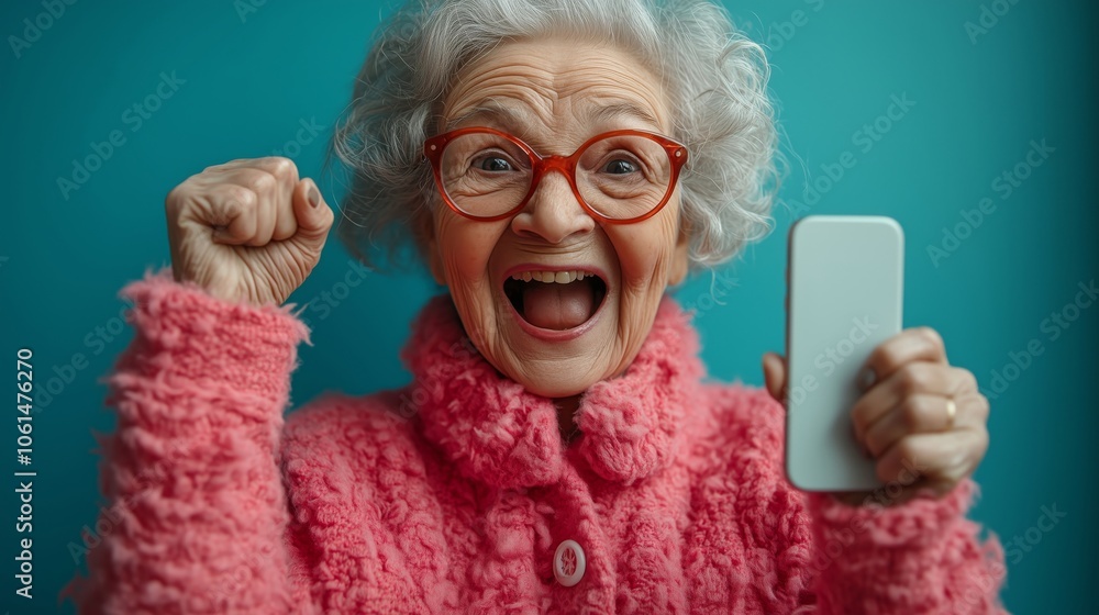 Joyful Elderly Woman Celebrating with Smartphone in Hand Joyful Elderly Woman Celebrating with Smartphone in Hand
