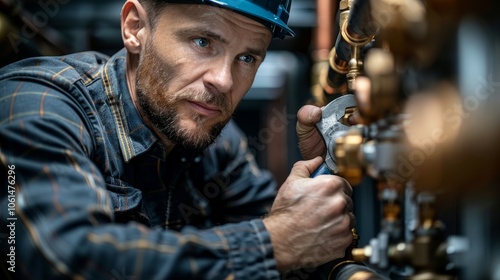 A technician is focused on fixing pipes with a wrench in a well-lit industrial facility