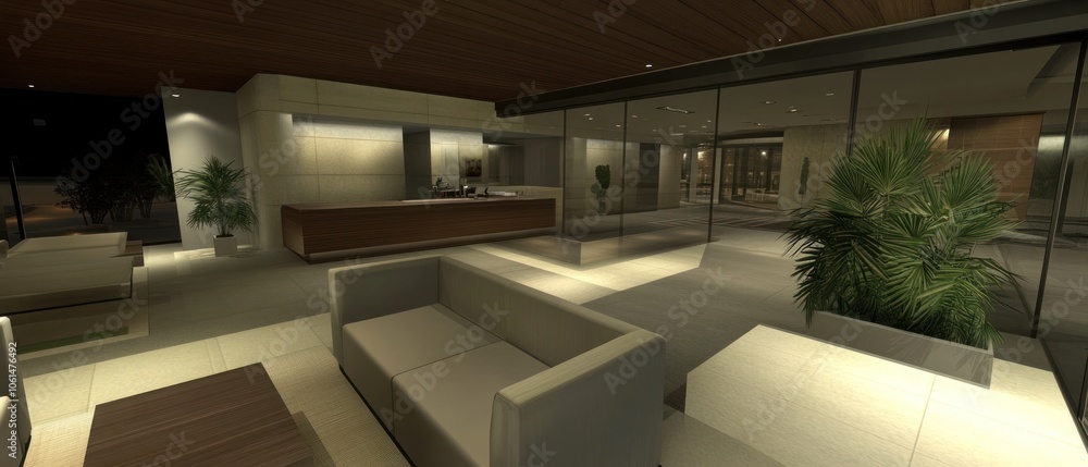 Modern interior design featuring open space, sleek furniture, and greenery. Modern interior design featuring open space, sleek furniture, and greenery.