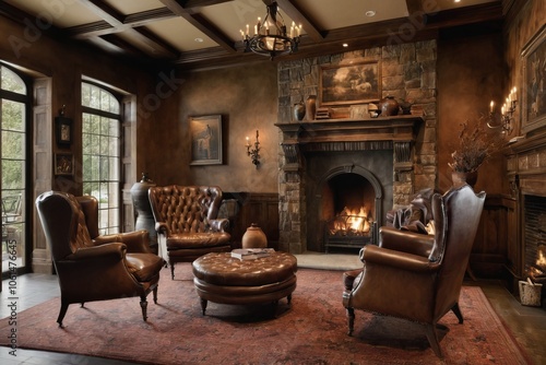 Wallpaper Mural A cozy living room with a fireplace, wooden furniture, and classic decor Torontodigital.ca