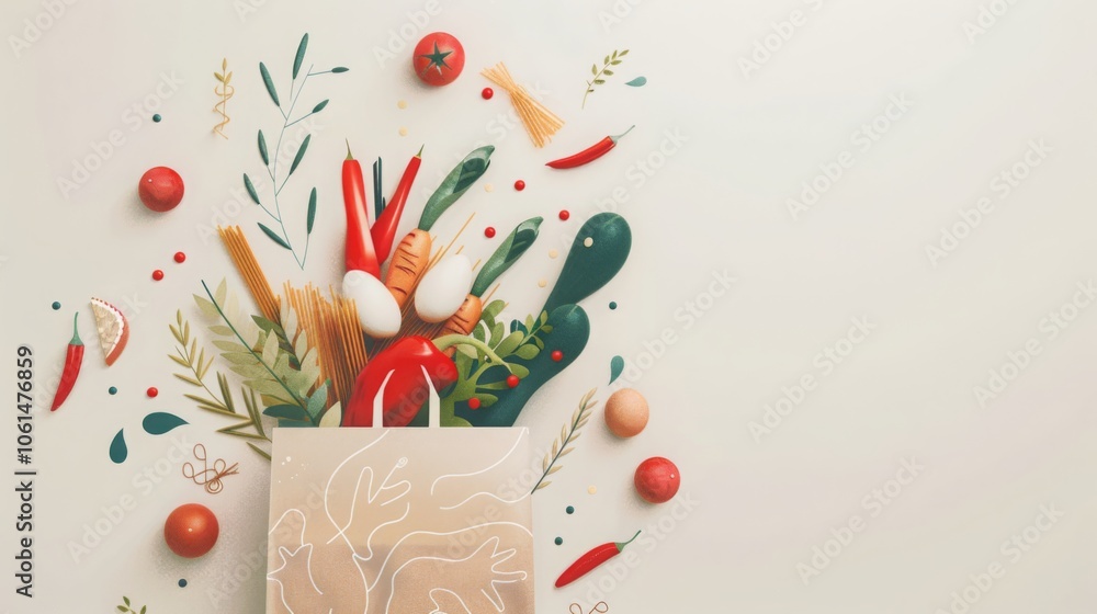 Top view of a shopping bag filled with fresh healthy foods including vegetables, fish, meat, eggs, pasta, and rice on white background, perfect for health and nutrition concept, space for text. Top view of a shopping bag filled with fresh healthy foods including vegetables, fish, meat, eggs, pasta, and rice on white background, perfect for health and nutrition concept, space for text.