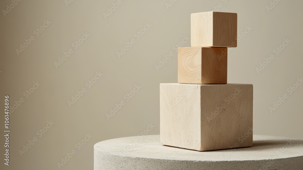 Three wooden blocks are elegantly stacked on a smooth surface, embodying simplicity and balance through minimalist design. Three wooden blocks are elegantly stacked on a smooth surface, embodying simplicity and balance through minimalist design.