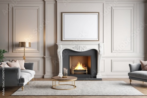 A cozy living room with a fireplace, wooden furniture, brick wall, and blank classic frame