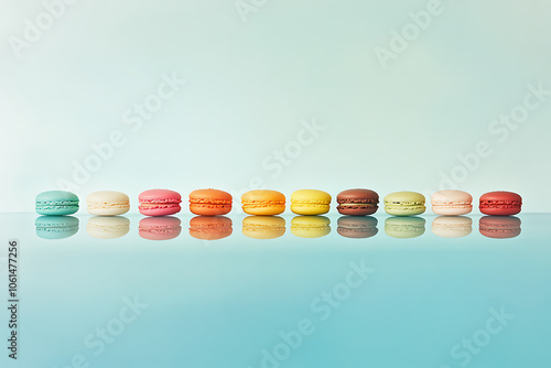 A horizontal line of colorful macarons arranged in a r a92cb108-70bf-4cdc-8d0d-bc85a9963889.png