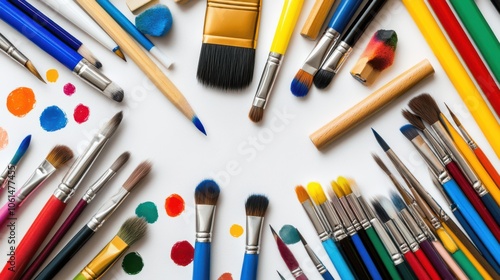 A playful assortment of art supplies, including brushes and colorful paints, radiates creativity and artistic expression.