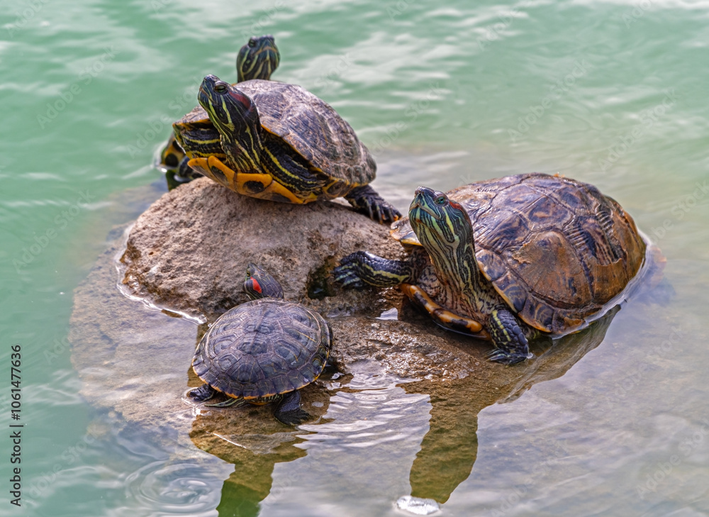 Fototapeta premium red-eared turtles basking in the sun