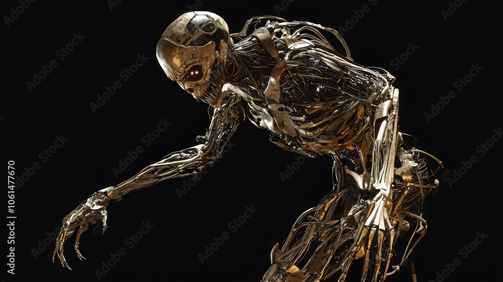 Nightmarish Biomechanical Fusion of Metal and Flesh in the Shadows - Ultra-Detailed 3D Render Illustration Nightmarish Biomechanical Fusion of Metal and Flesh in the Shadows - Ultra-Detailed 3D Render Illustration