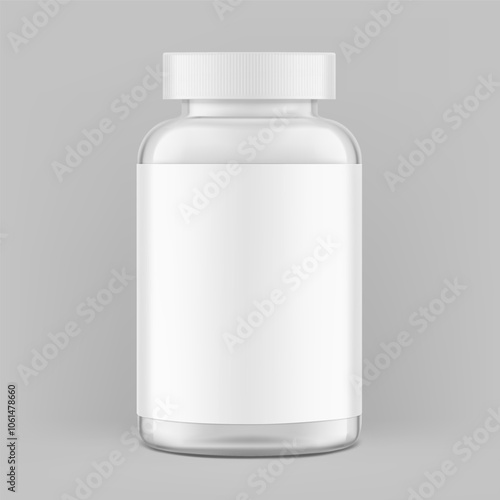 Clear eye-catching pill bottle with label mockup for supplements, vitamins, treats. Vector illustration isolated on grey background. Mockup is ideal for health projects. EPS10.