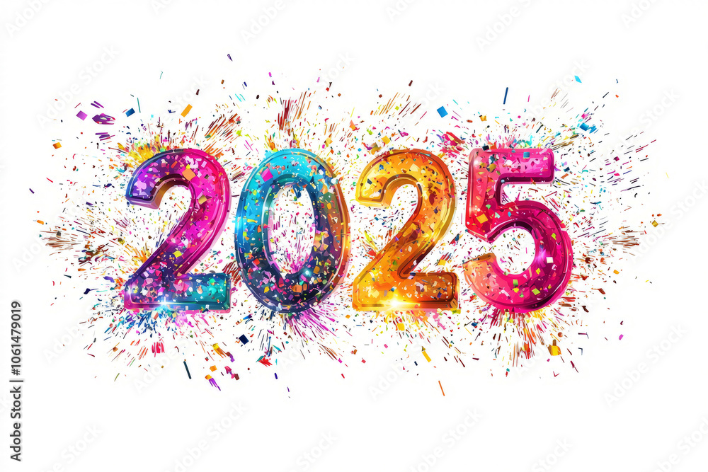 2025 entirely from firework-like sparks and explosions, with each number bursting with color and light. 2025 entirely from firework-like sparks and explosions, with each number bursting with color and light.