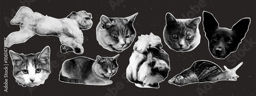 Retro punk halftone collage cat and dog set. Trendy elements in retro pop art style.