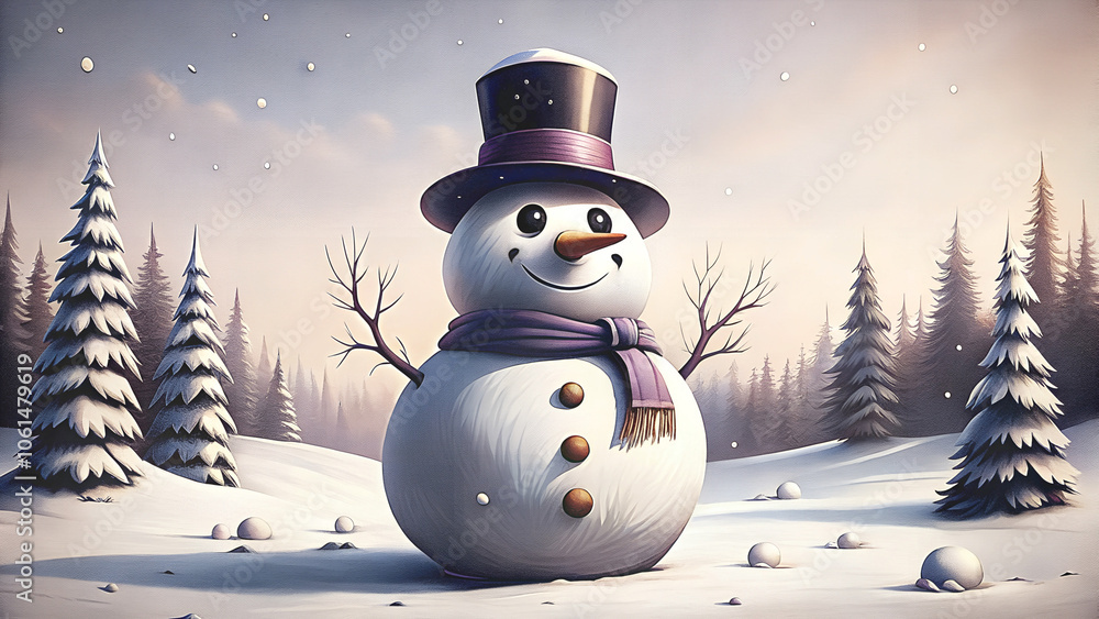 Fototapeta premium Cheerful snowman with top hat in a snowy field, snow-covered trees and bushes, bright winter backdrop